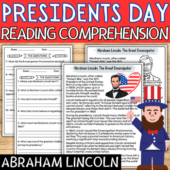Preview of Presidents' Day Reading Comprehension Passage and Questions: Abraham Lincoln