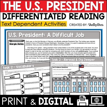 Preview of Presidents' Day Reading Passage and Activities DIGITAL and PRINTABLE