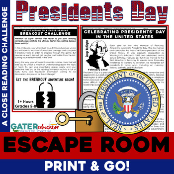 Preview of Presidents' Day Reading Comprehension Passages - Escape Room | Writing Prompt