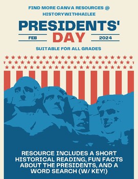 Preview of Presidents' Day Reading, Word Search, Key, & Fun Facts