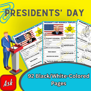 Preview of Presidents’ Day Research Template, 45 U.S Presidents, 99 Colored B&W Pages.