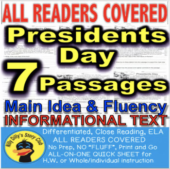 Preview of Presidents Day THEME CLOSE READING 5 LEVEL PASSAGES Main idea Fluency TDQs