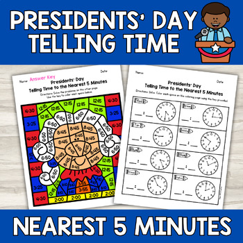Preview of Presidents' Day Telling Time to the Nearest 5 Minutes | Color by Number Center