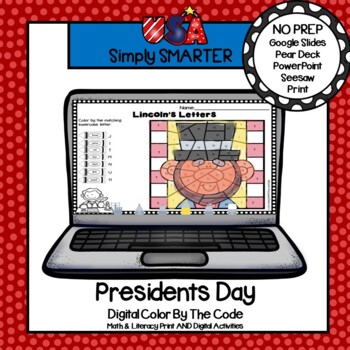 Preview of Presidents Day Themed Print & Digital Math & Literacy Color By Code Activities