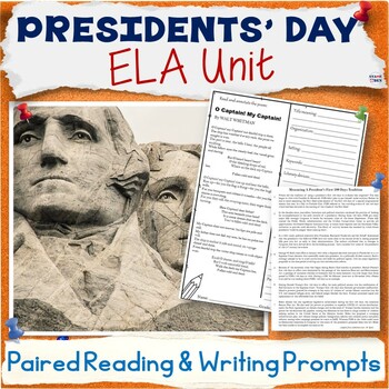 Preview of Presidents Day Unit - Bell Ringers, ELA Paired Reading Packet, Writing Prompts