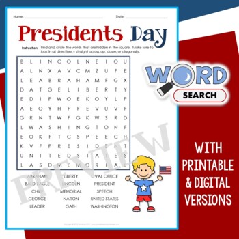 Preview of Easy Presidents Day Word Search Puzzle 1st 2nd Grade Vocabulary Activity