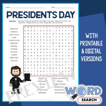 Preview of Fun Presidents Day Word Search Puzzle 3rd 4th Grade Vocabulary Activity Sheet