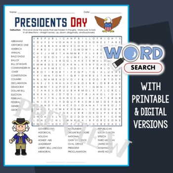 Preview of Hard Presidents Day Word Search Puzzle 4th 5th Grade Middle School Worksheet