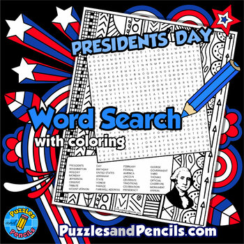 Preview of Presidents' Day Word Search Puzzle Activity Page with Coloring | Wordsearch