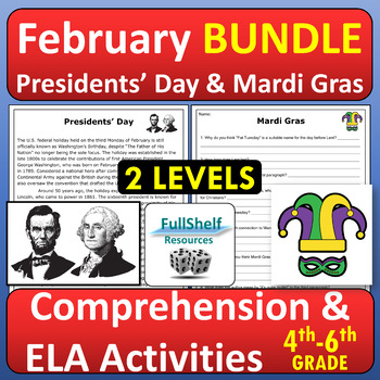 Preview of Presidents' Day and Mardi Gras February Reading Comprehension Passages BUNDLE