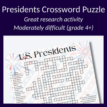 Preview of Presidents Day crossword puzzle — great research activity (grade 4+)