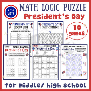 Preview of Presidents Day logic Mental math game centers fractions maze activities middle
