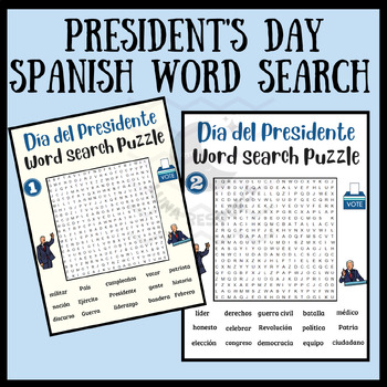 Preview of Presidents Day sight word search SPANISH Día del Presidente crossword activities