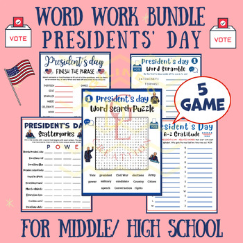 Preview of Presidents Day word work BUNDLE phonic center word scramble main idea middle 9th