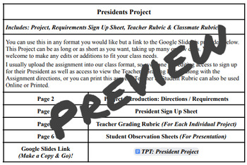 Preview of Presidents Project (Directions, Sign-Up Sheet, Teacher & Student Rubric)