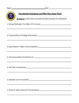 Preview of U. S. Presidents: Their Nicknames & the Reasons for Them Worksheet & Answer Key