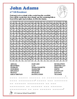John Adams - US Presidents Hidden Message Word Search and Fill in the