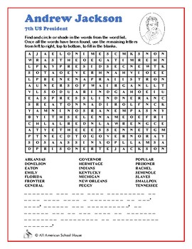 Andrew Jackson - U.s. Presidents Word Search And Fill In The Blanks