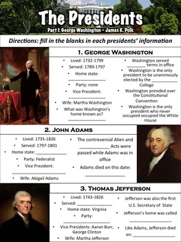 Preview of Presidents Worksheet Part One - George Washington to James K. Polk