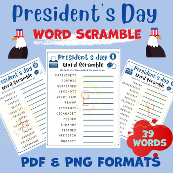 Preview of Presidents day Word scramble game Crossword word searches activities middle 7th