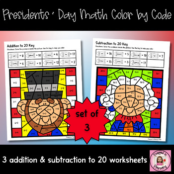 Preview of Presidents' day math color by code worksheets | Addition & subtraction to 20