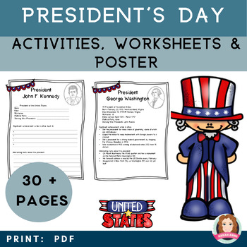 Preview of Presidents Day Activities and Worksheets with Posters #POTUS  #Presidents Day