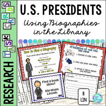 Preview of Presidents Day Library Biography Lesson Task Cards