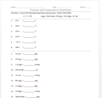 Pressure and Temperature Unit Conversions Worksheet by FranzScience