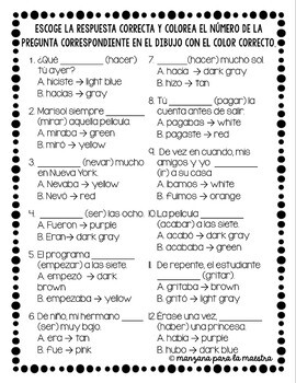 Preterite vs Imperfect color by conjugation activity lesson worksheet