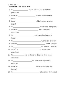 Pretérito CAR GAR ZAR Verbs in Spanish Verbos Worksheet by jer520 LLC