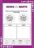 Pretty Purple Piggy Bank - Activity Sheet # 3 ( Needs vs. Wants )