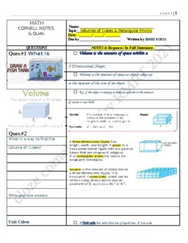 Preview of Preview of Cloze Cornell Note-taking on Rectangular Prism Volume