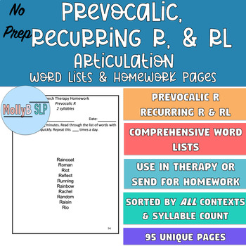 Preview of Prevocalic R, Recurring R, and RL Word Lists for Homework and Speech Therapy