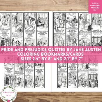 Preview of Pride & Prejudice Quotes by Jane Austen Coloring Bookmarks Book Club Cards Craft