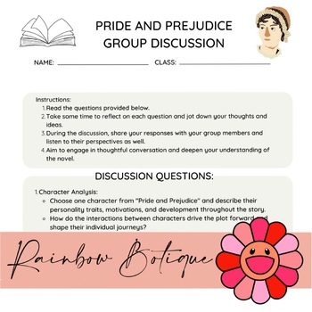 Preview of Pride and Predjudice worksheet, group discussion, novel study freebie
