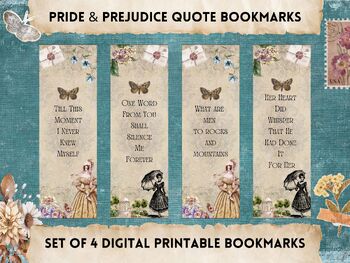 Preview of Pride and Prejudice Bookmarks Set of 4 Jane Austen Quotes Regency Book Club