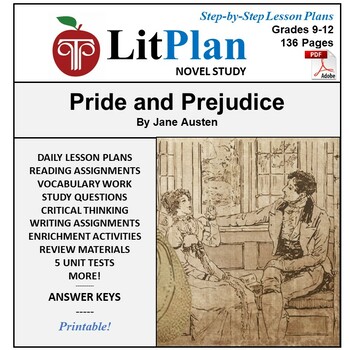 Preview of Pride and Prejudice LitPlan Novel Study Unit, Activities, Questions, Test