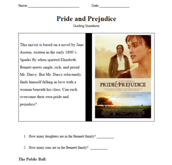 Preview of Pride and Prejudice Video Guiding Questions