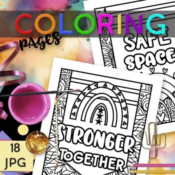 Preview of Pride month activity. 18 LGBTQ+ GSA Club coloring pages with empowering quotes