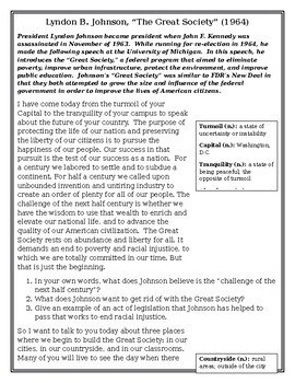 Preview of Primary Document Worksheet: Lyndon B. Johnson, The Great Society (1964)