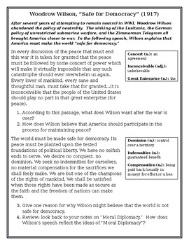 Preview of Primary Document Worksheet: Woodrow Wilson, Safe for Democracy Speech (1917)