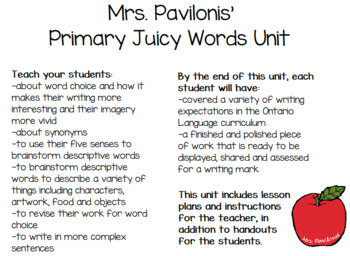 Preview of Primary Literacy Juicy Words Unit (Ontario Curriculum Writing Word Choice)