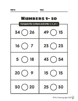 Primary Math Comparing Numbers 1-50 Assessment/Quiz/Test/Homework Worksheet