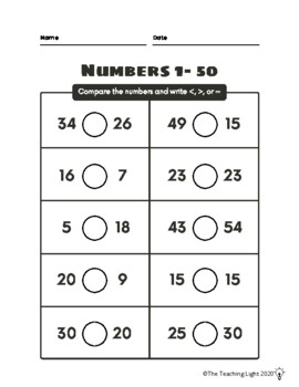 Preview of Primary Math Comparing Numbers 1-50 Assessment/Quiz/Test/Homework Worksheet