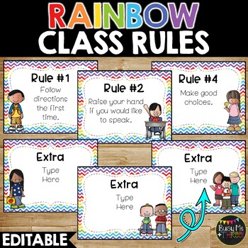 Preview of Primary Rainbow Editable Rule Posters and Signs for Classroom Management Rules