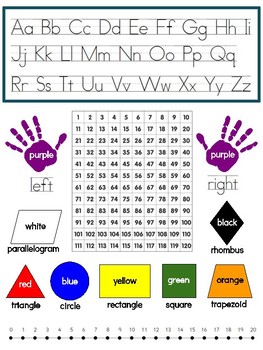 Preview of Primary Reference / Cheat Sheet - Alphabet, 120 chart, number line, colors, 2D