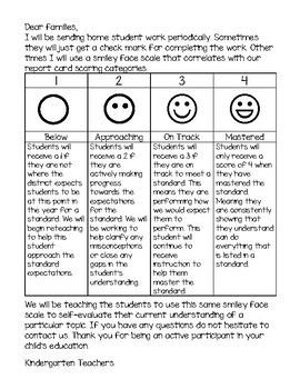 Preview of Primary Rubric- Smiley Face Scale Letter to Families
