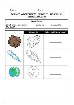Preview of Primary Space Worksheet: Comets, Asteroids and Planets