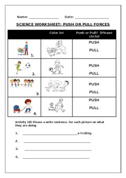 Preview of Primary Science Worksheet: Push or Pull forces