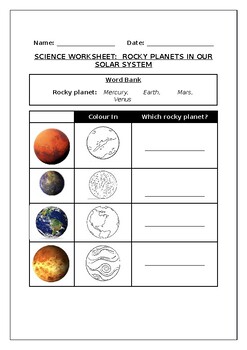 Preview of Science Worksheet: Rocky planets in our Solar System